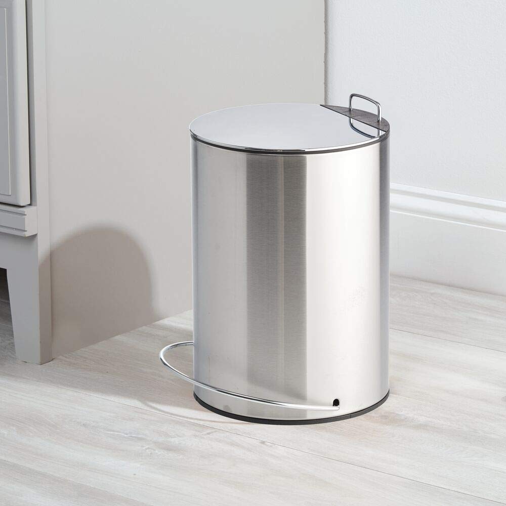 mDesign 1.3 Gallon Round Step Trash Can Wastebasket, Garbage Container Bin for Bathroom, Powder Room, Bedroom, Kitchen, Craft Room, Office - Hands-Free Design - Chrome/Brushed Stainless Steel