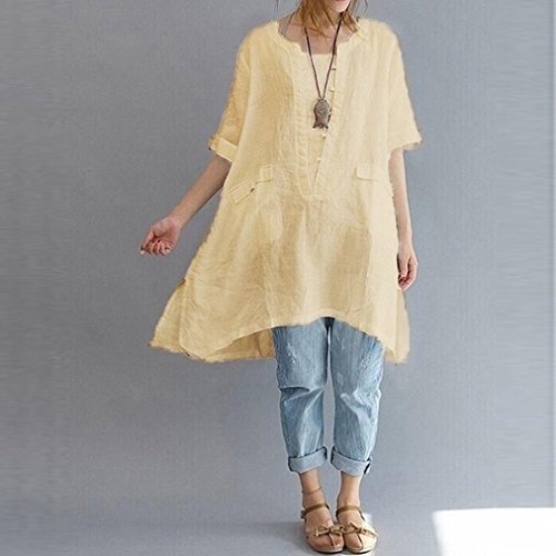 VEZAD Women's Fashion Plus Size Casual Linen Top Long Sleeve Crew Neck Blouse XXX-Large Aa Beige - Thumbnail 3
