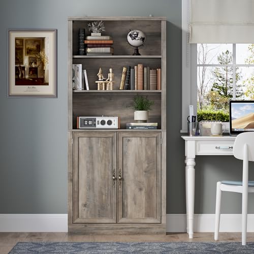 Image of BORNOON 70.1 inch Tall Bookshelf with Cabinet, 5-Tier Floor Standing Bookcase with Doors & Adjustable Shelves, 31.5 inch Wide Storage Shelf, Metal Handles, Modern Organizer for Home Office, Living Room