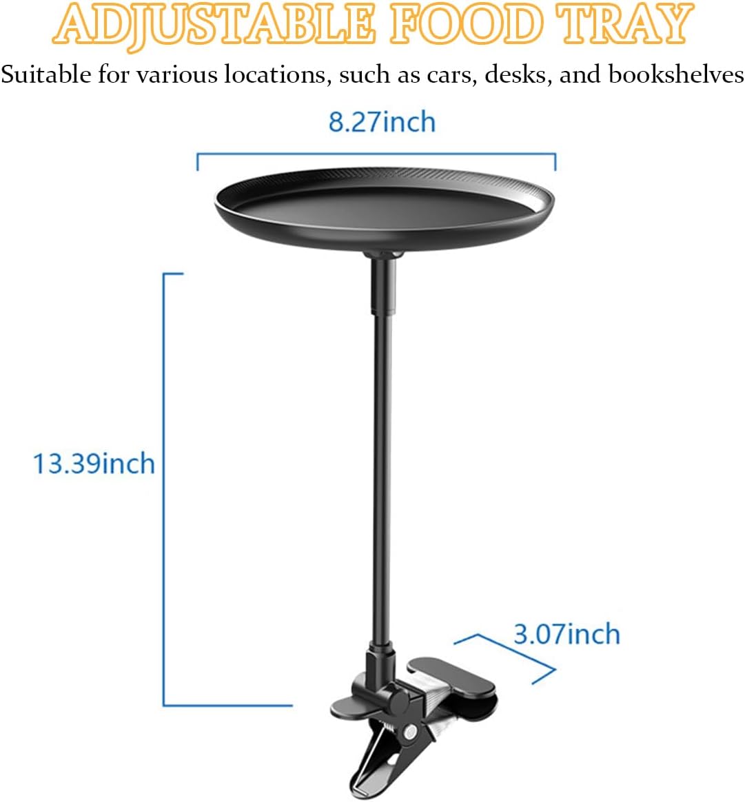 Zpana Car Adjustable Food Tray, 360° Non-Slip Swivel Vehicle Snacks & Drinks Dining Table, 8.7 Inches Diameter Automotive Clip Type Storage Tray, Universal for SUV, Truck, RV