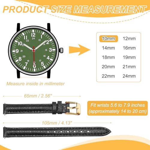 HARFINGTON Leather Watch Band 10mm Vintage Textured Padded Leather Watch Strap Litchi Grain Pattern Replacement Wristband with Stainless Steel Pin Buckle for Men and Women, Black