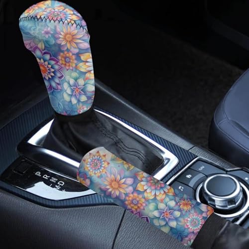 Tupalatus Dahlia Gear Shift Knobs Cover+Handbrake Cover Set of 2,Anti-Slip Handbrake Protector Covers Universal Fit Most Cars Sedan SUVTruck Auto Accessories
