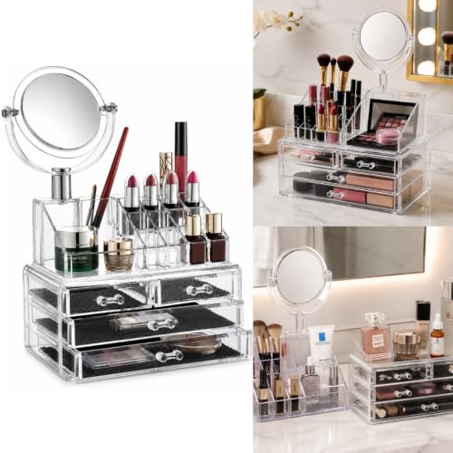 Organizador de Cosméticos com Espelho e 4 Gavetas Acrílico