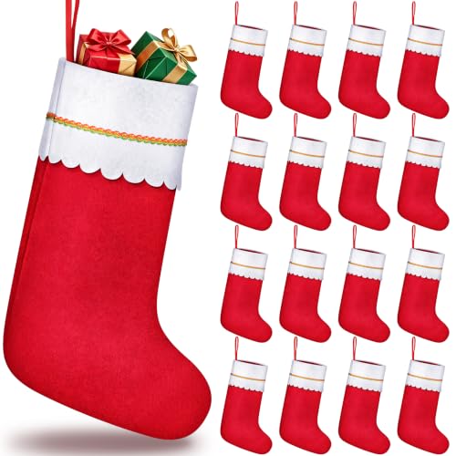 16 Pack 15 Inch Christmas Stockings, Red Felt Fireplace Hanging Decor | Red and White Christmas Stockings Bulk, Built-in Loop for Tree, Mantel Hanging, Rustic Family Christmas Stockings
