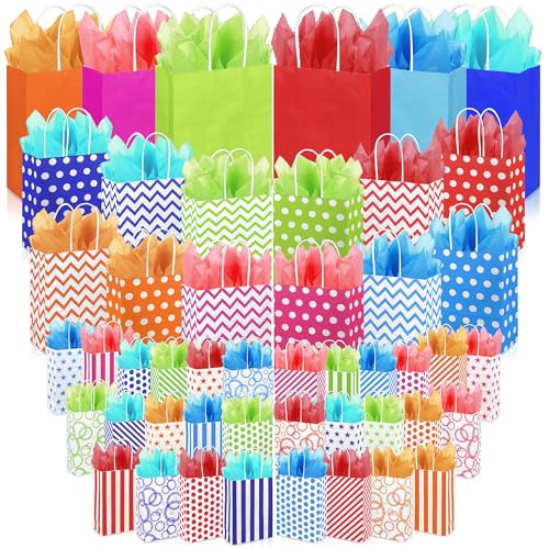 KEEPARTY 96 PCS Assorted Sizes Gift Bags with Handles 48 Gift Bags 8 Styles 6 Colors with 48 Tissue Papers 6 Colors Perfect for Weddings Parties and Holidays