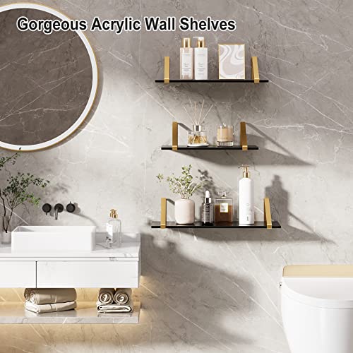 Rrg Acrylic Floating Shelves For Wall Decor Set Of 3, Gold Wall Shelf With Metal Brackets, Wall Storage Shelves For Bedroom, Living Room, Bathroom, Kitchen (Black,16In/14In/12 In) #TOP6