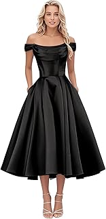 ALFEICE Satin Off The Shoulder Wedding Dresses for Bride Tea Length Formal A Line Ruched Prom Party Dress with Pockets