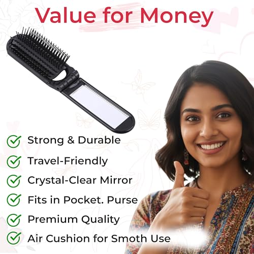 Image of TEMPERIA Foldable Pocket Hair Comb with Built-In Mirror for Women | Compact Folding Comb for Travel, Purse & On-the-Go Grooming | Portable & Easy to Carry (CB582)