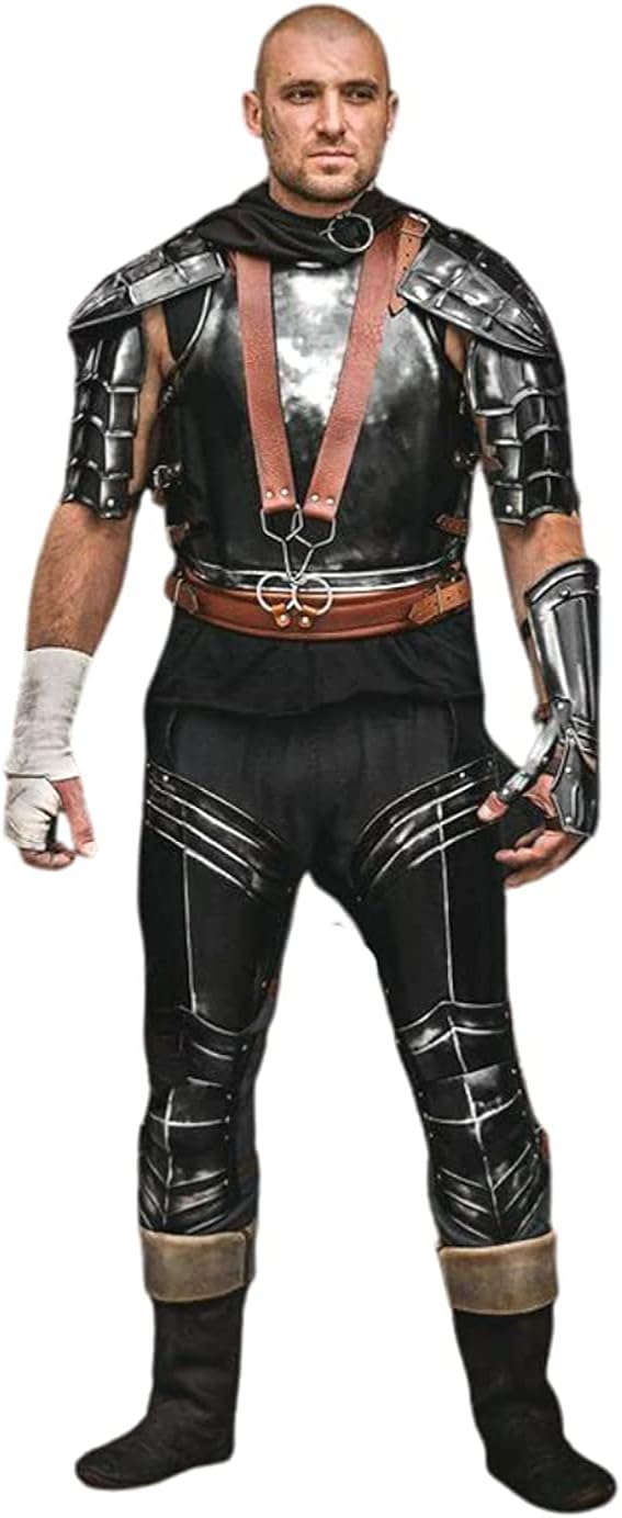 Caballero medieval Traje de armadura medieval de acero ennegrecido LARP estilo enano traje de armadura completa medieval traje de Halloween