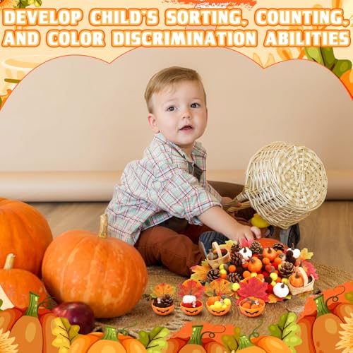 WinnerWhy 320 Pcs Fine Motor Toys Fall Thanksgiving Decorations, Sensory Bin Filler, Pumpkin Bowls, Woven Baskets, Pompom, Maple Leaves, Squirrels, Pumpkins, Acorns, Pine Cones for Autumn Party Decor - Image 3
