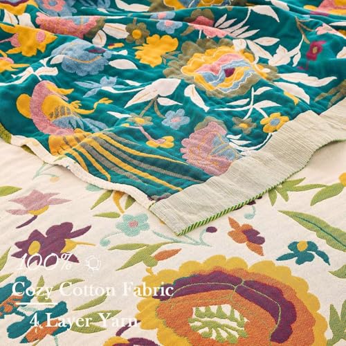 Image of XIBLC Boho Throw Blanket for Bed, 100% Cotton Soft Rustic Quilt Fall Blanket, 80 inch 90 inch Floral Printed Farmhouse Decor Bed Blankets, All Season Rustic Reversible Bohemian Throw Quilt