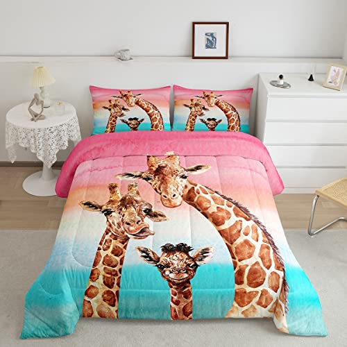 Feelyou Giraffe Comforter Set Safari Giraffe Family Bedding Set for Kids Boys Adults Youth Colorful Geometric Stripe Decor Duvet Set Wild Animal Quilt Set with 1 Pillowcase 2Pcs Bedding Twin