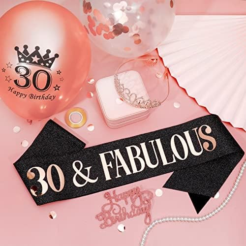 Heyu-Lotus 30th Birthday Sash and Tiara Rose Gold 30 & Fabulous Sash Rhinestone Crown Balloons Birthday Cake Topper for Women 30th Birthday Gift Party Supplies (Rose Black)