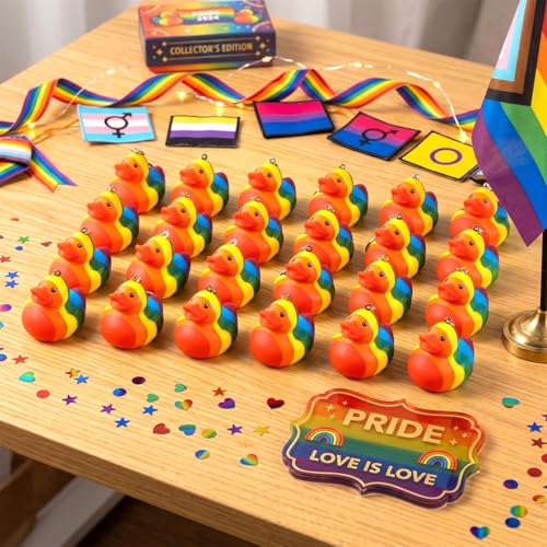 Image of Deekin 12 Pcs Pride Rainbow Rubber Ducks Keychain Gay Pride Cruise Rubber Ducks for Colorful Birthday LGBT Party Favors Gift Favors (Rainbow)