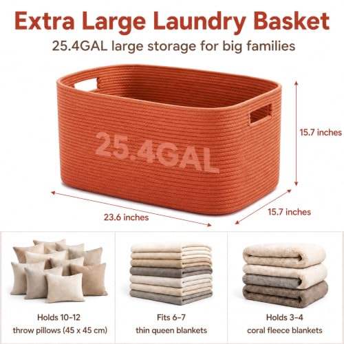Image of 25.4GAL Collapsible Cotton Rope Extra Large Storage Basket For Bedroom Closet, Boho Rectangular Big Short Hamper Woven Storage Baskets for Living Room Throw Pillows Blankets Dirty Clothes,Terracotta