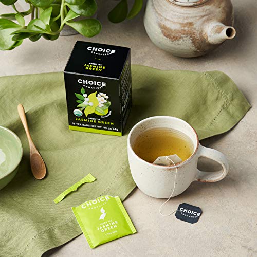 Choice Organics - Organic Jasmine Green Tea (1 Pack) - Green Tea Scented With Jasmine Blossoms - Fair Trade - Compostable - Contains Caffeine - 16 Organic Green Tea Bags #TOP2