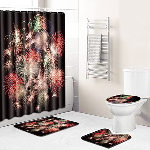 Duschvorhang Rotes Feuerwerk Badezimmerteppich 4-Teiliges Set, Duschvorhang 180x180 Polyester+Badematte rutschfeste(50x80)+U-Typ Teppich Wasseraufnahme Schmutzfangmatte+Toile Fußmatte