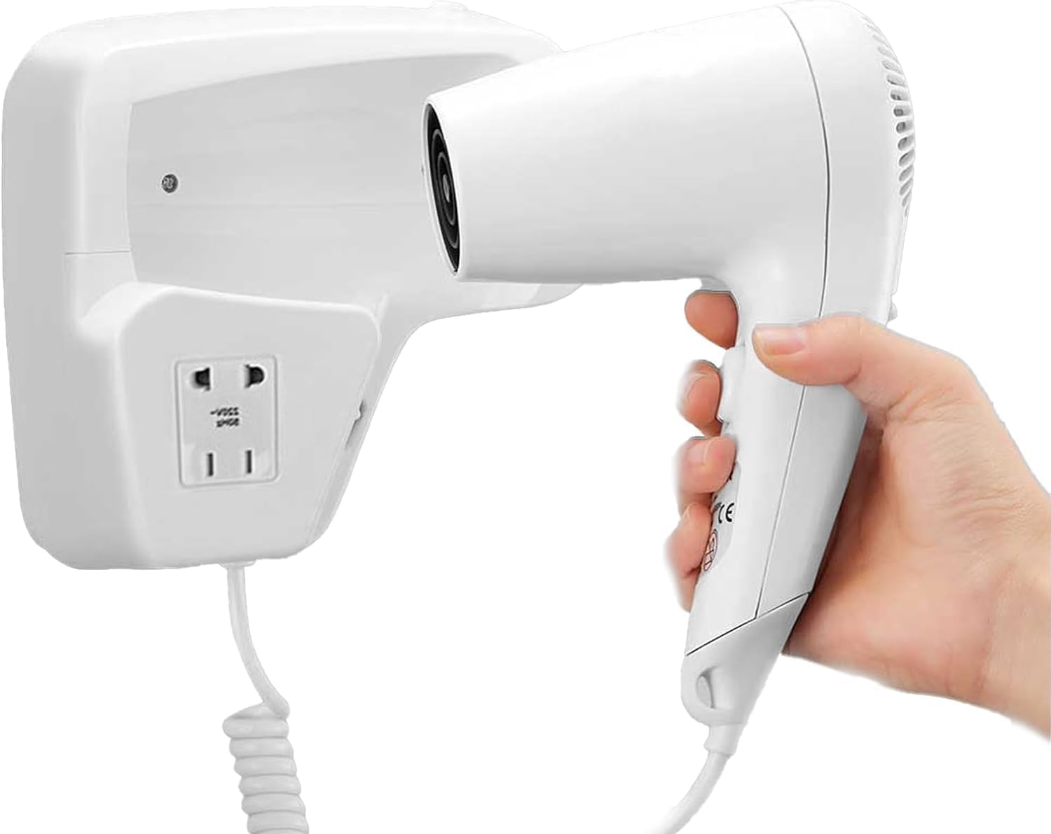 CW512-4 - Secador de pelo de pared de 1300 W para hotel, B&B, gimnasio, profesional Phon con soporte de pared, seguridad IP21, enchufe de afeitadora integrado, color blanco