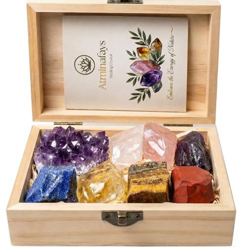 Premium Amethyst Cluster & 7 Chakra Healing Crystals Set for Yuga,Meditation, Reiki, Energy Alignment - with Wooden Gift Box, Guidebook & Velvet Pouch