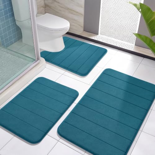 Yimobra Memory Foam Bath Mat Set 3 Pieces- Super Soft Absorbent Quick Dry Bathroom Rug Sets, Machine Washable Non Slip Floor Carpet for Tub Shower, Vanity & Toilet Base, Peacock Blue