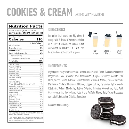 Isopure Zero Carb 100% Pure Whey Isolate Protein Powder, Lactose Free, Gluten Free, With Vitamins, Cookies & Cream, 25g Protein Per Serving, 1 Lb, 15 Servings (Packaging May Vary)