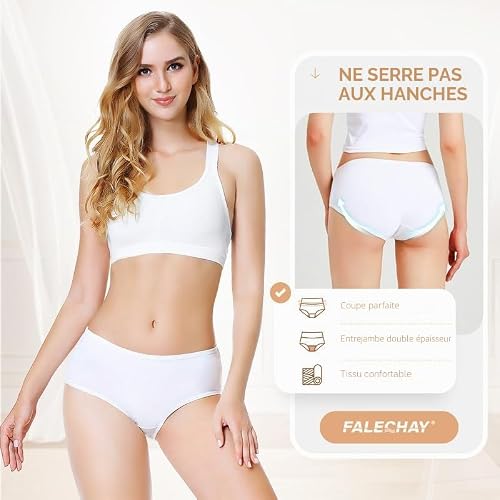 Falechay Culotte Femme Coton Basses Slip Femme Blanc L Lot de 6 – vue 4