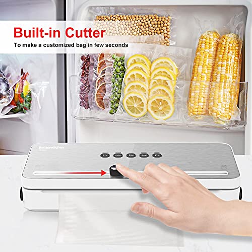 Foto von Bonsenkitchen Vakuumierer Folienschweißgerät, 4 in 1 Vakuumiergerät mit Cutter für Sous Vide Kochen und Trockene & Feuchte Lebensmittel, 28 x 300cm Vakuumierfolie & 10 Beutel Inklusive, VS3802 (Weiß)