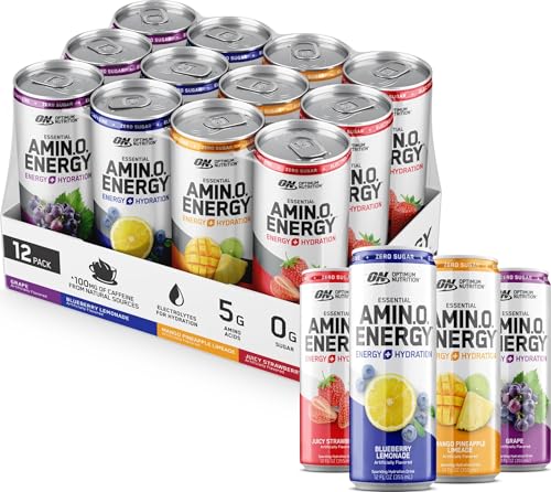 Optimum Nutrition Amino Energy Sparkling Hydration Drink, Electrolytes, Caffeine, Amino Acids, BCAAs, Sugar Free, 12 Fl Oz, Variety Pack of 12 (Packaging May Vary)