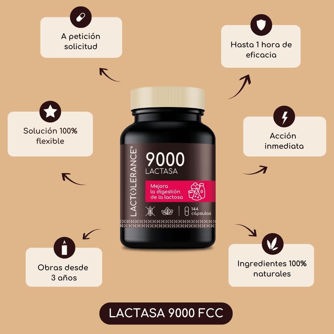 LACTOLERANCE 9000 Lactasa 9000 FCC, Enzimas Digestivas, 144 Cápsulas | Adecuado para la intolerancia a la lactosa. Mejora la digestión. Toma bajo demanda. Protección 1h. Sin aditivos.