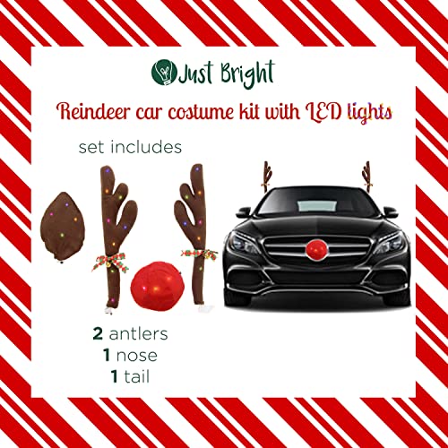 Just Bright Reindeer Car Kit With Led Lights - Easy To Install Christmas Decorations For Car Window & Grill -Includes Reindeer Antlers With Jingle Bells, Plush Red Nose, & Tail To Decorate Any Vehicle #TOP2