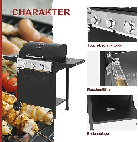 Bild 5 - Royal Gourmet Gasgrill Grillwagen 3 Brenner 9 kW Camping Gaskocher mit Kochplatte, Gartengrill mit Flaschenöffner, Druckminderer und Gasschlauch Grillrost ca. 60 x 42 cm, Schwarz
