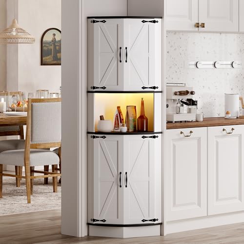 64.6" Farmhouse Corner Cabinet with LED Light, Tall Bathroom Cabinet with 4 Barn Doors and 5 Tier Shelves, Freestanding Corner Bar Cabinet with USB Po