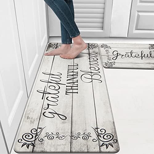 HEBE Anti Fatigue Kitchen Mat Set of 2 Non Slip Farmhouse Kitchen Rug Sets with Runner Waterproof Cushioned Kitchen Carpet Comfort Standing Mats for Home Office Laundry Room