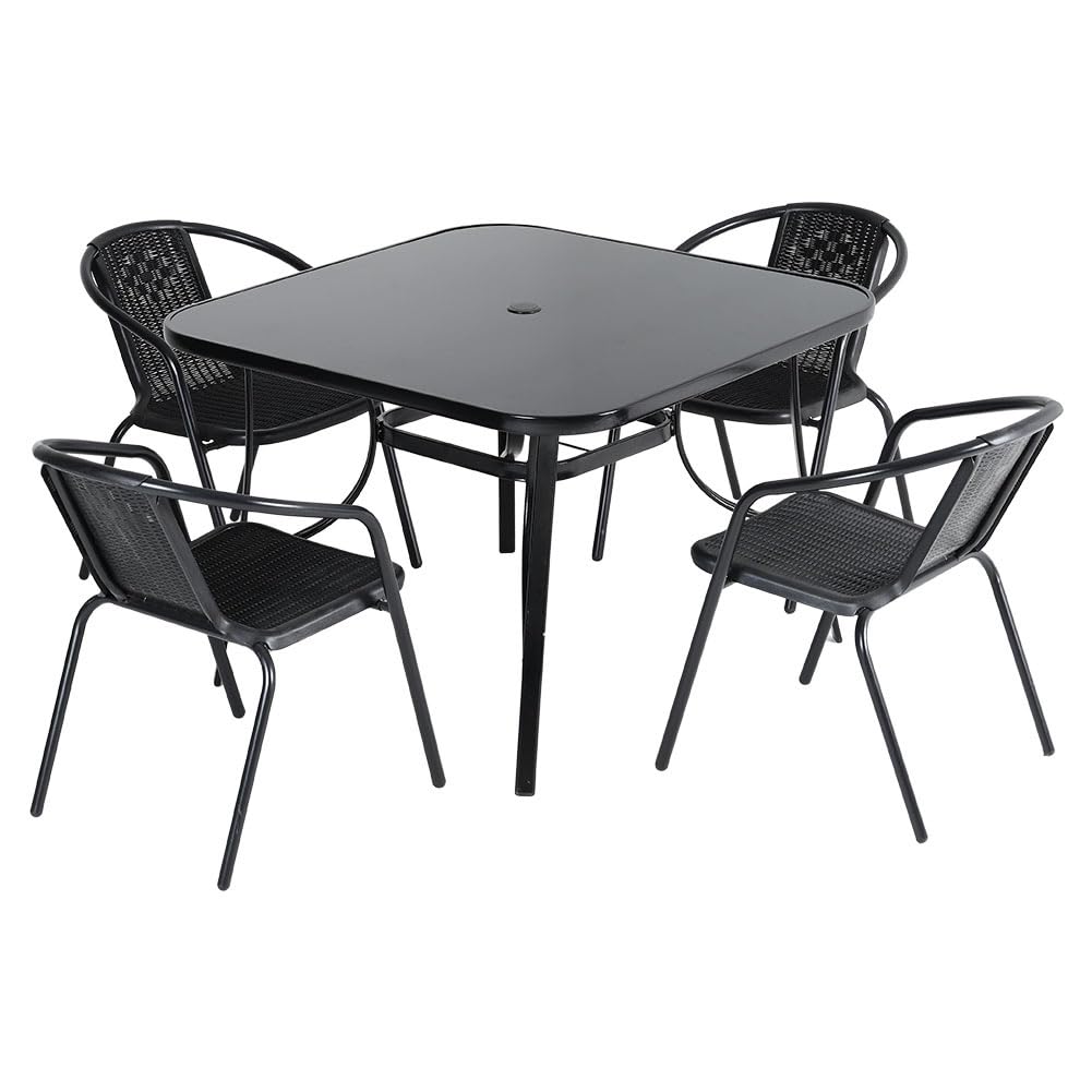 The Fellie Garden Furniture Set Outdoor Dining Table and Chairs Patio Tempered Glass Table Top with Umbrella Hole Wicker Stacking Chairs Seat（105cm Square Table+4PC Chair）