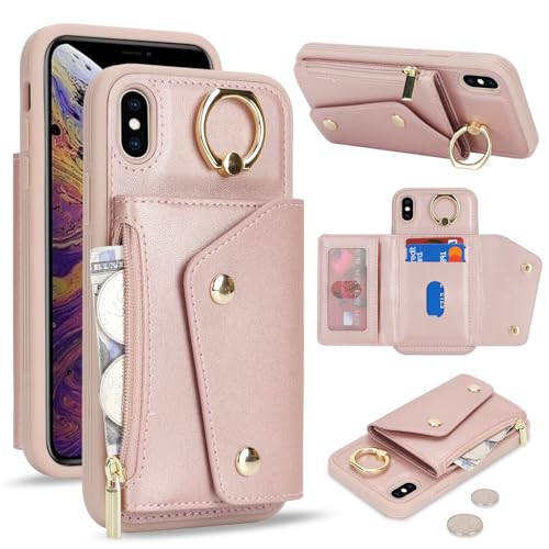 Lipvina for iPhone Xs Max Case Wallet with Card Holder - Zipper Pocket,Credit Card Slots,RFID Blocking,Stand Ring,PU Leather Double Snap Cover for Women and Men(Rose Gold,6.5 Inch)