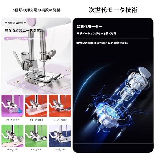 Iuseikeミシン、電動ミシン、初心者向けミシン、ロック付き多機能、電子ミシン、12ステッチ、バックステッチ機能、双方向電源、日常の手縫いに最適、裁縫セット、スピード調節可能、持ち運び簡単、ミニミシン (パープル)
