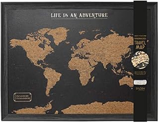 Splosh - Large World Map Pin Board in a Black Wooden Frame for Travel. The Travel map corkboard Comes with 2 Sets of pins to Personalise Your World Travel Adventures.