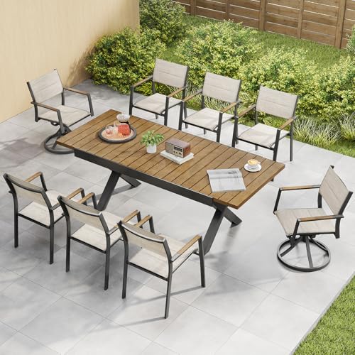 SEEHILL Teak Extendable Patio Dining Set for 8, Aluminum Outdoor Dining Set with 2 Swivel Chairs, Expandable Dining Table and 6 Stackable Double-Layer Textilene Chairs, Patio Table and Chairs Set
