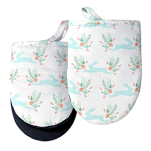 Junvena Mini Oven Mitts 2pkï¼ŒHeat Resistant Cute Small Oven Gloves with Non Slip Grip Neopreneï¼ŒHalf Kitchen Mittens with Hanging Loop for Cooking Baking (Rabbit)