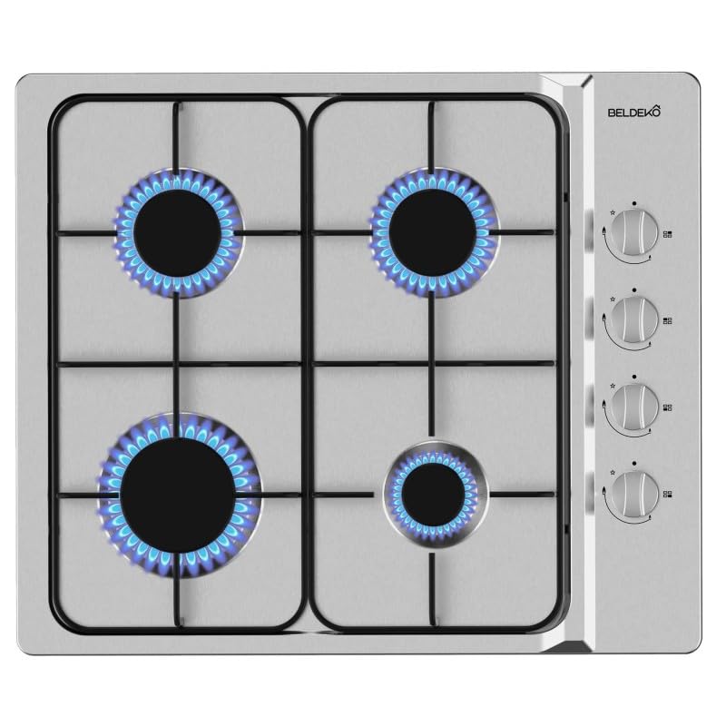 Plaque de cuisson gaz 4 foyers inox – 7 500 W – Encastrable 59 × 50 cm – Livrée gaz de ville...