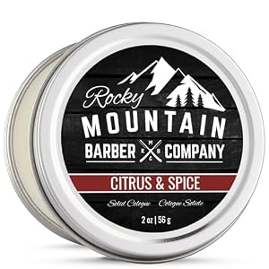 Rocky Mountain Barber Company Solid Cologne for Men – Citrus & Spice Scent – 2 Oz Size – Made with Coconut Oil, Shea Butter – Long-Lasting Scent