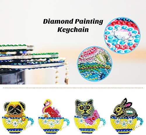 VDYXEW Diamond Painting Keychains, 4 pcs DIY Diamond Painting Keychains Cup Animal Embroidery Needlework Keyrings Gifts for Women Girls Bag Purse Handbag Key Chain