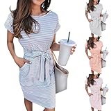 T-Shirt Dresses for Women 2024 Summer Tie Waist Striped Dress with Pockets Crewneck Short Sleeve Casual Midi Dress Shirt Dresses for Women Spring Semi Formal Dresses Short Sleeve Dresses for Women