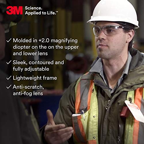 3M Safety Glasses, Bx Dual Readers, +2.0, Ansi Z87, Anti-Fog Clear Lens, Silver/Black Frame, Adjustable Length Temples And Lens Angle #TOP4