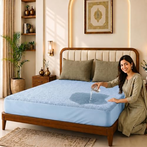 Image of Glassiano Cotton Feel Terry Ultra Soft Waterproof Mattress Protector | Breathable - Hypoallergenic Mattresses Cover with Elastic Strap for Queen Bed (84x66 inch|7x5.5 feet, Blue - Pack of 1)
