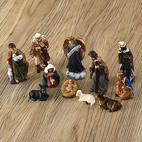 Loandicy Christmas Crib Figures, Home Decor Manger Church Resin Statue Nativity Scene Ornament Set, Collectibles Countertop Statue Miniatures for Crafts Accessories