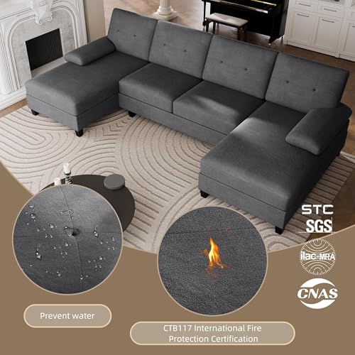 Walsunny Sectional Couches for Living Room, Convertible U-Shaped Sofa Couch with Double Chaise, 4 Seat Sofa Set Modular Sofa Couch for Apartment, Black