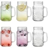 SUT Mason Jar Drinking Glasses with Handle, 6 Pack, 16 Oz Vintage Embossed Mason Jar Cups for Iced Coffee, Juice, Tea and Beer