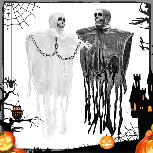 Kezidhp 2pcs Esqueletos Colgantes Terroríficos 80x75cm – Decoración Halloween Fantasma con Cadenas, Espíritu Colgante para Puerta, Ventana, Jardín, Casa Embrujada