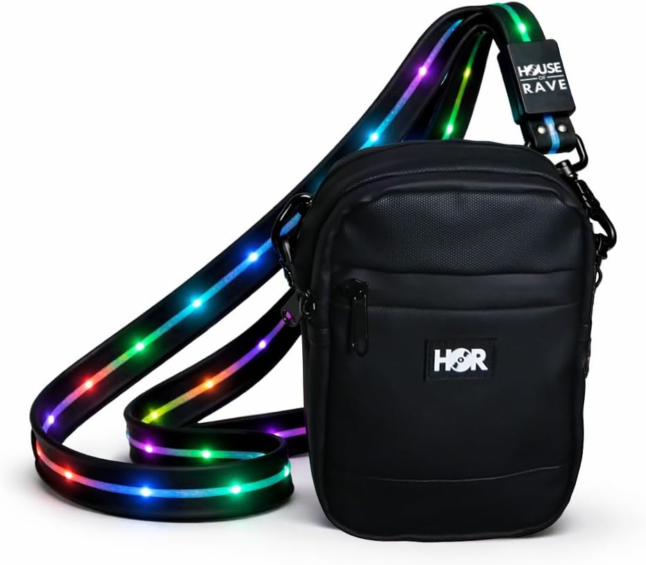 Canvas LED Strap Bag - LED Crossbody or Fannypack (2 Ways to Wear) - Light up Festival Bag for Women & Men - LED Rave Bag, Black
